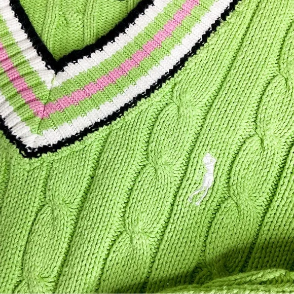VINTAGE Preppy Lime Green Cable-Knit V-Neck Sweater with Striped Trim - Picture 11 of 11